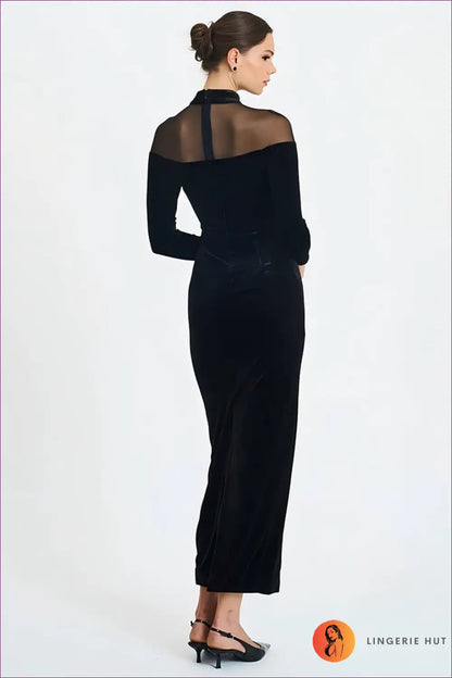 Velvet and Lace Bodycon Maxi Dress with Sheer Panelling - Dresses - Lingerie Hut - All Season • Bodycon • Dress