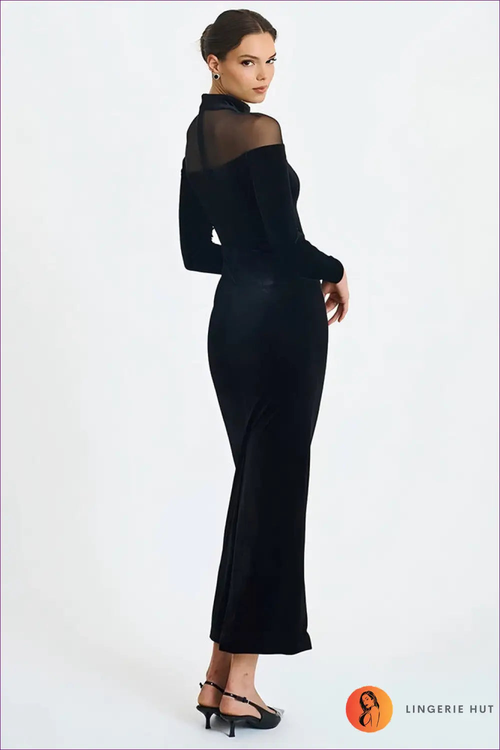 Velvet and Lace Bodycon Maxi Dress with Sheer Panelling - Dresses - Lingerie Hut - All Season • Bodycon • Dress