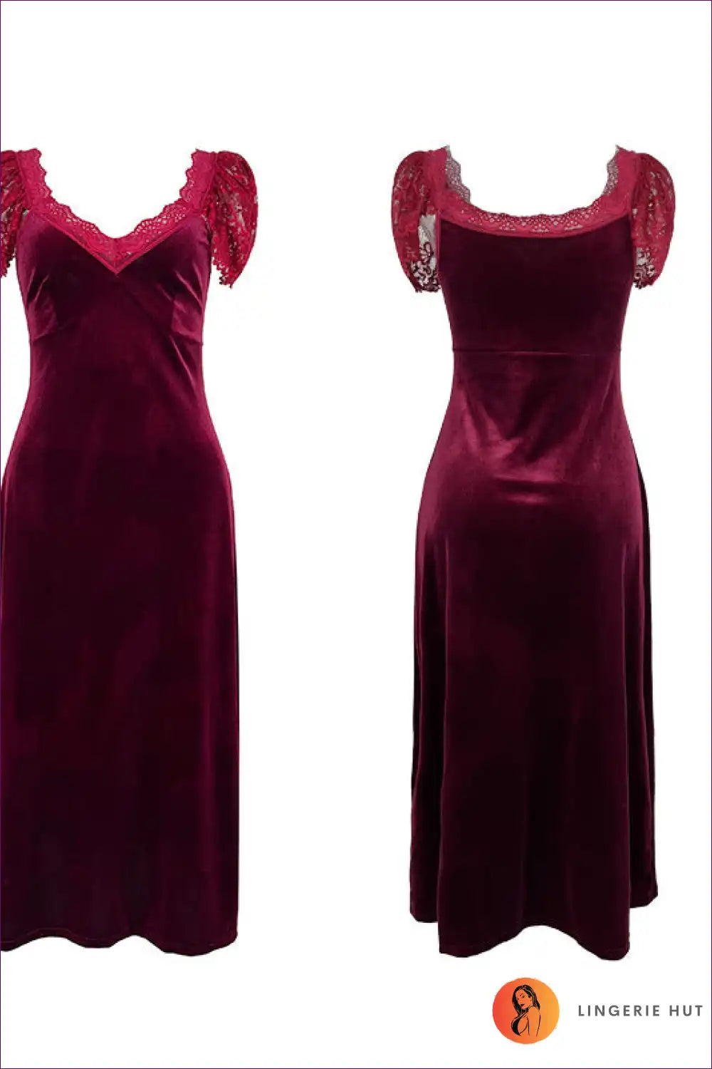 Velvet Lace Midi Nightdress with Puff Sleeves - Elegant Evenings for Autumn, Dress, Dresses, Evening Wear,