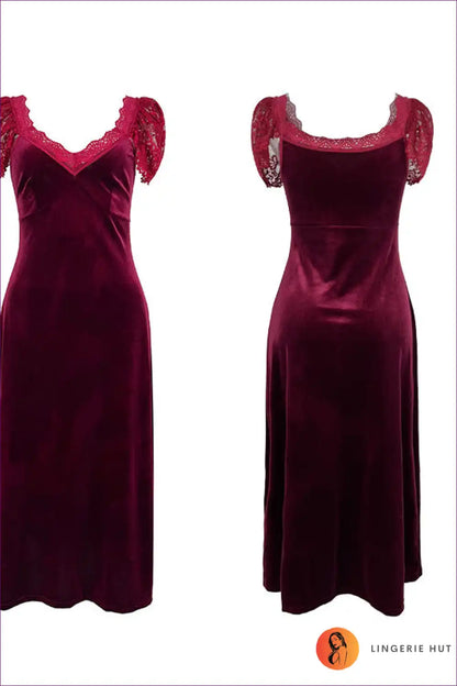 Velvet Lace Midi Nightdress with Puff Sleeves - Elegant Evenings for Autumn, Dress, Dresses, Evening Wear,