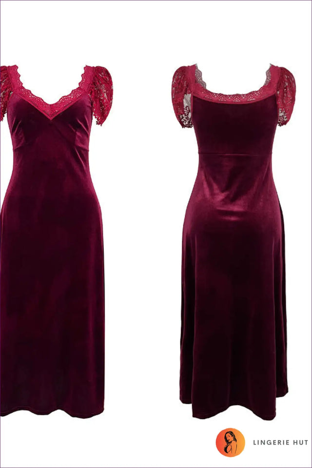 Velvet Lace Midi Nightdress with Puff Sleeves - Elegant Evenings