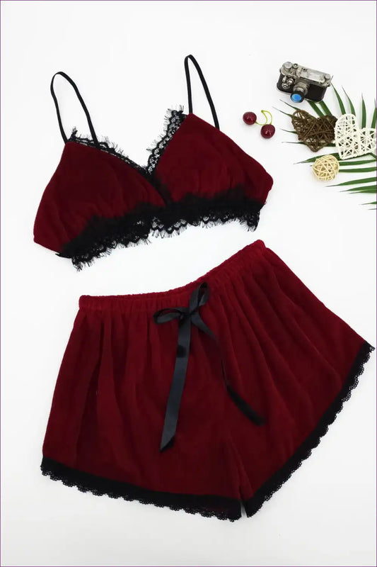Velvet Lace Trim Lounge Set - Cosy Night-in Essential for All Season, Casual, just In, Lace, Loungewear