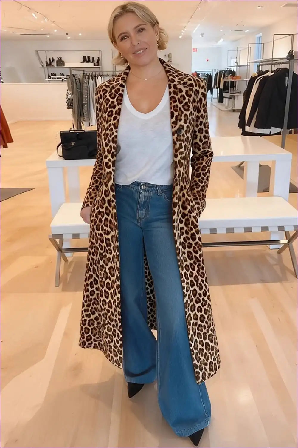 Velvet Leopard Longline Coat - Single-breasted Trench for Animal, Autumn, Outerwear