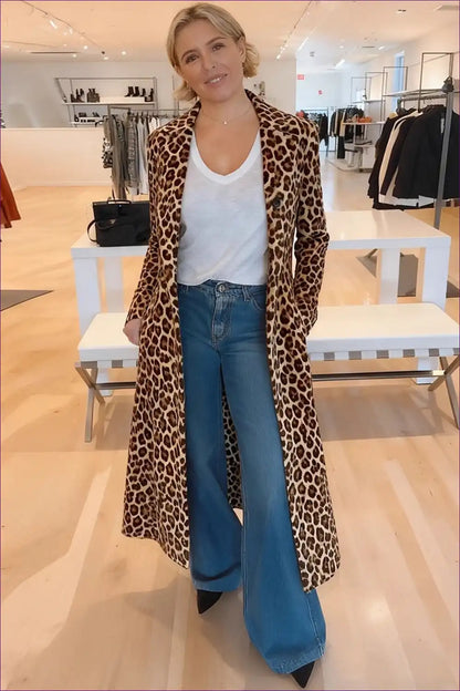 Velvet Leopard Longline Coat - Single-breasted Trench for Animal, Autumn, Outerwear