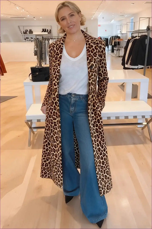 Velvet Leopard Longline Coat - Single-breasted Trench for Animal, Autumn, Outerwear