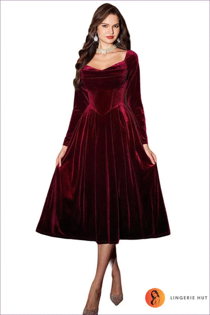 Velvet A-line Midi Dress - Understated Glamour - s / Burgundy - Dresses - A-line Dress • Autumn • Everyday - Lingerie