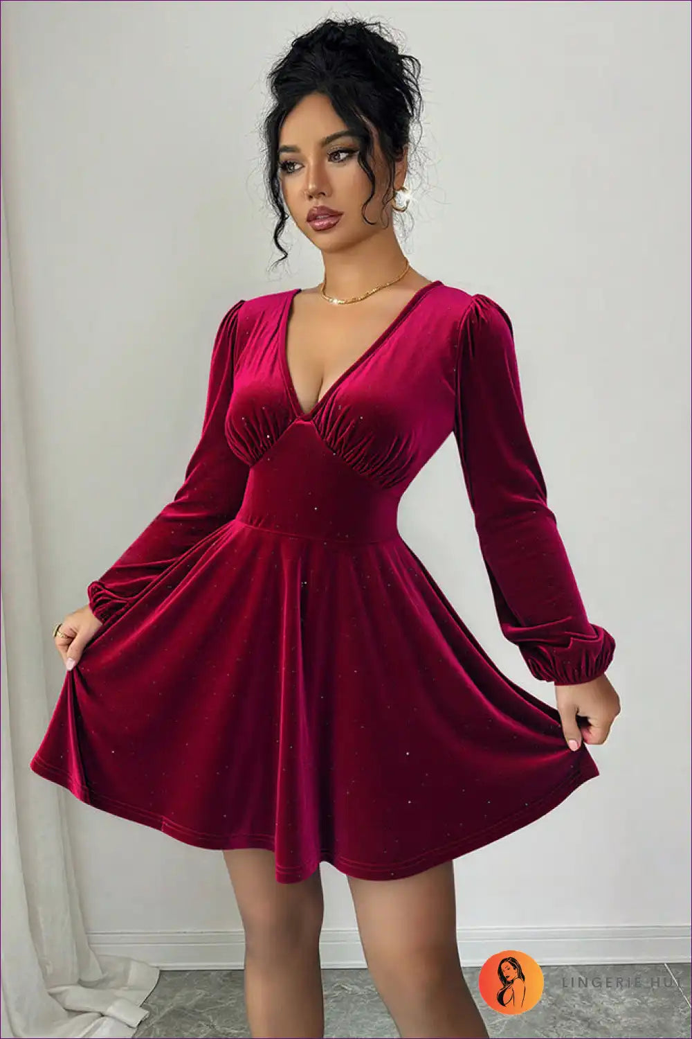 Velvet A-line Short Dress with Lantern Sleeves - Retro Romance for A-line, Evening Wear, Formal Glamour,