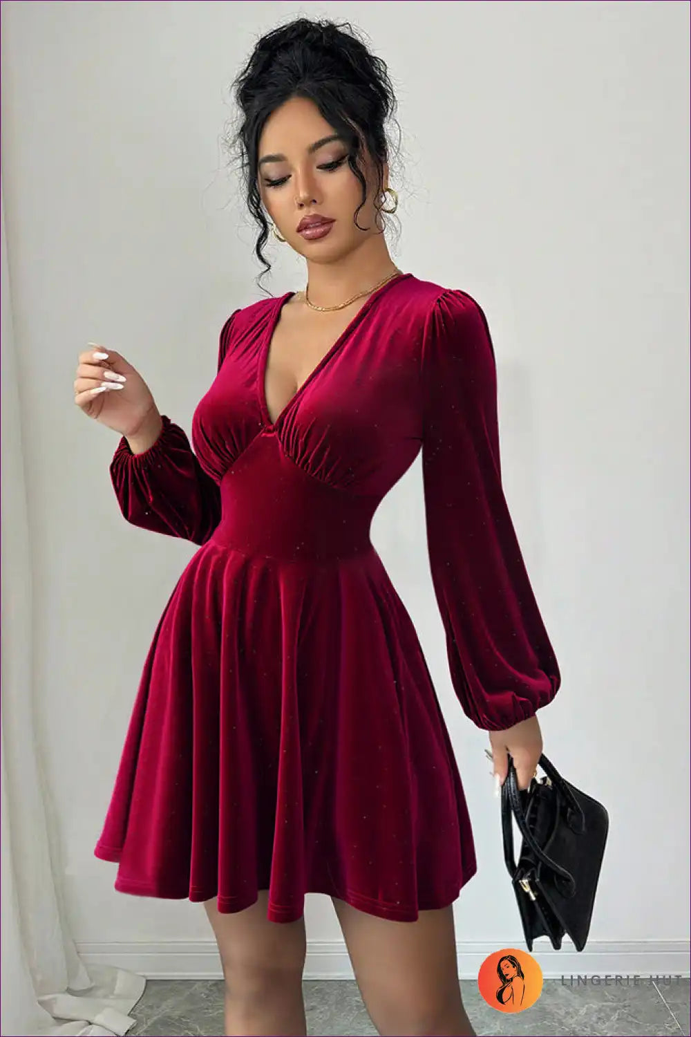 Velvet A-line Short Dress with Lantern Sleeves - Retro Romance for A-line, Evening Wear, Formal Glamour,