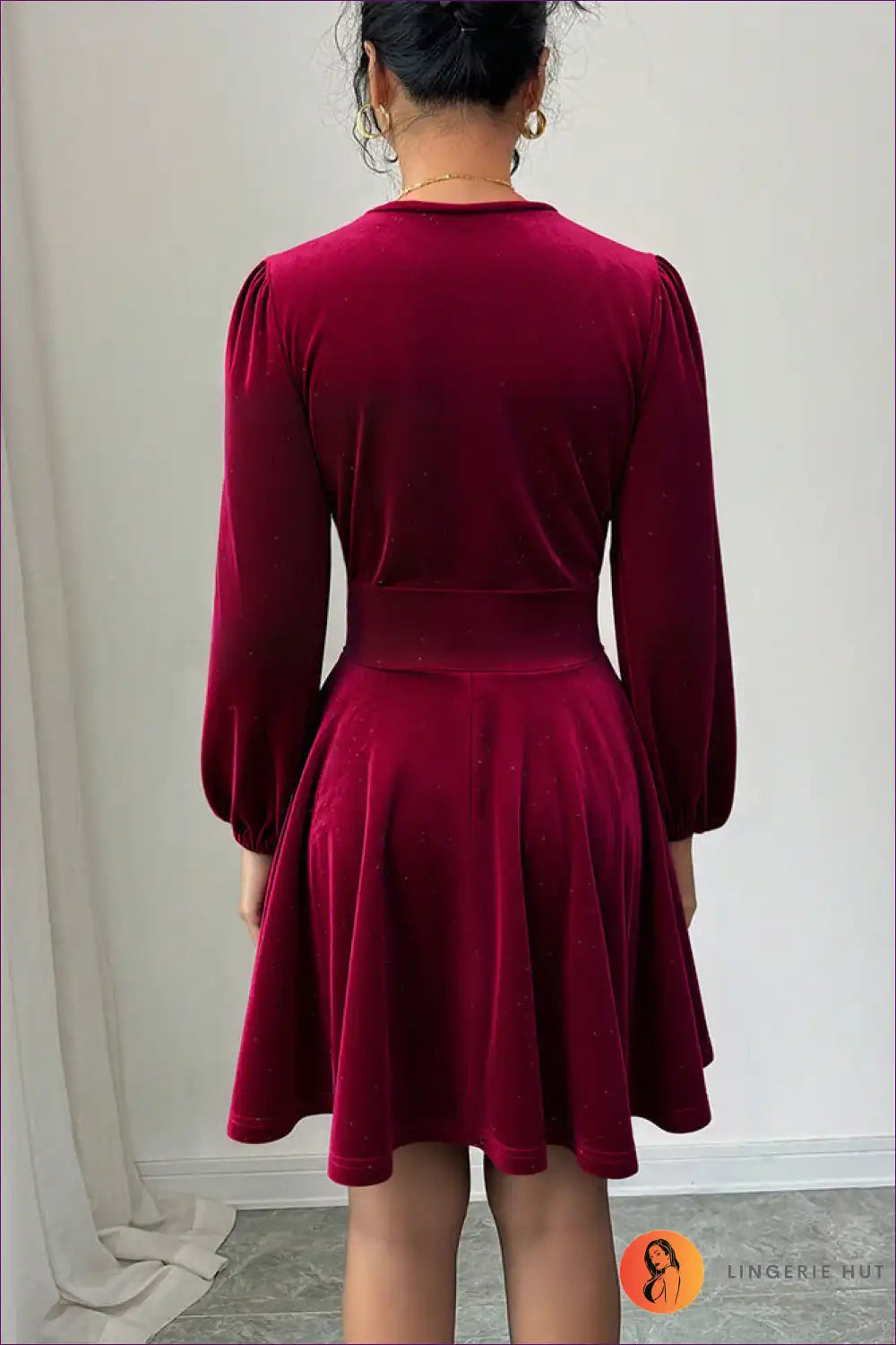 Velvet A-line Short Dress with Lantern Sleeves - Retro Romance for A-line, Evening Wear, Formal Glamour,