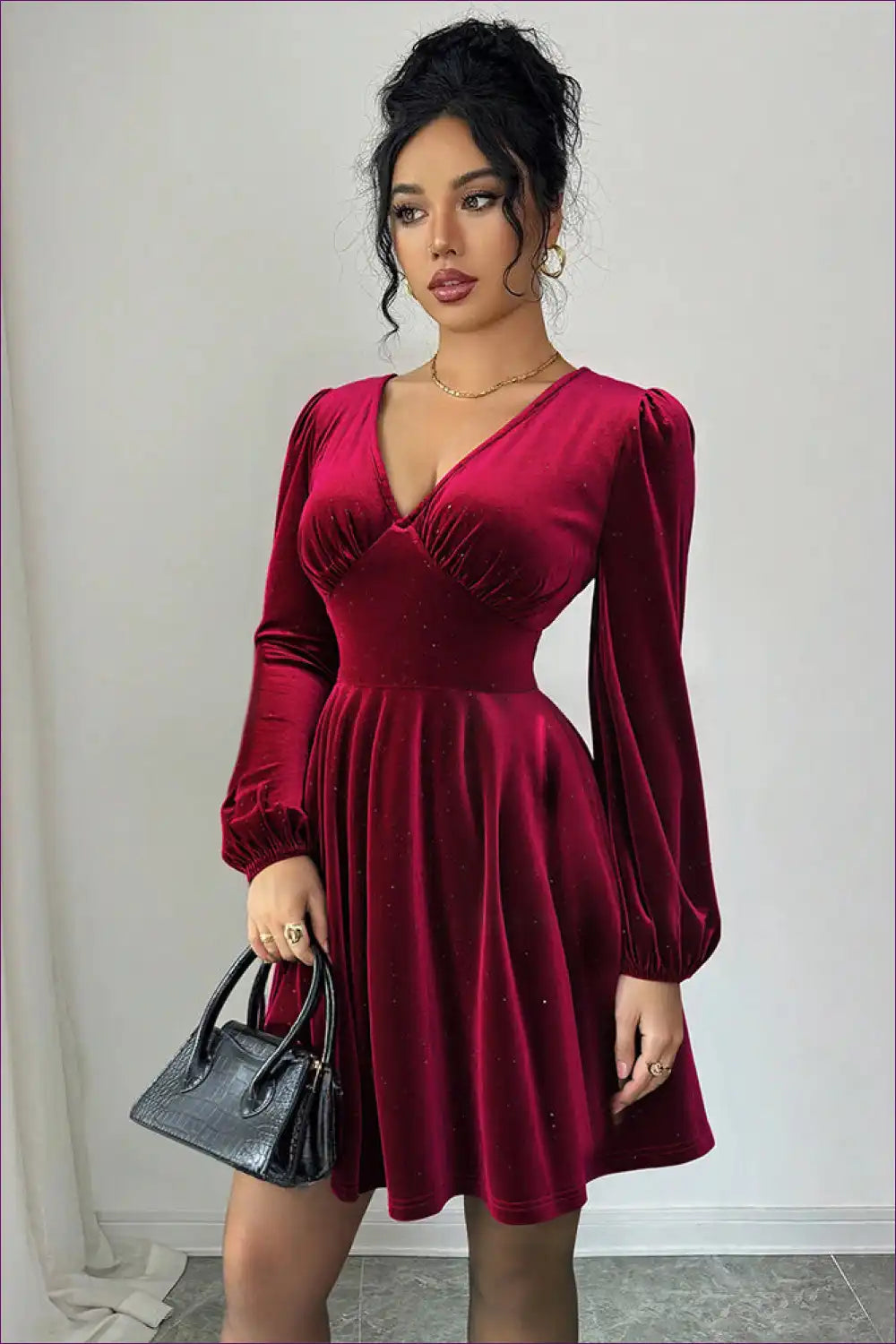 Velvet A-line Short Dress with Lantern Sleeves - Retro Romance for A-line, Evening Wear, Formal Glamour,