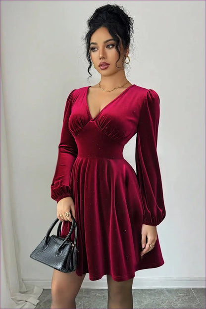 Velvet A-line Short Dress with Lantern Sleeves - Retro Romance for A-line, Evening Wear, Formal Glamour,