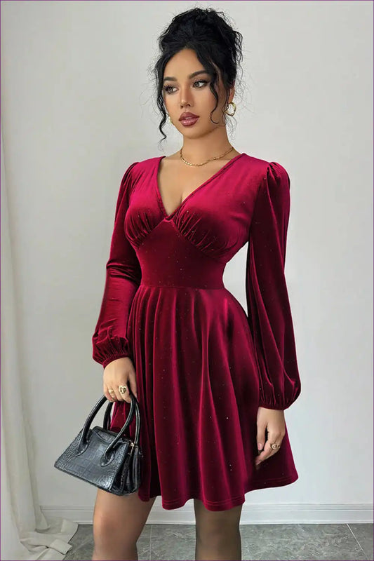 Velvet A-line Short Dress with Lantern Sleeves - Retro Romance for A-line, Evening Wear, Formal Glamour,