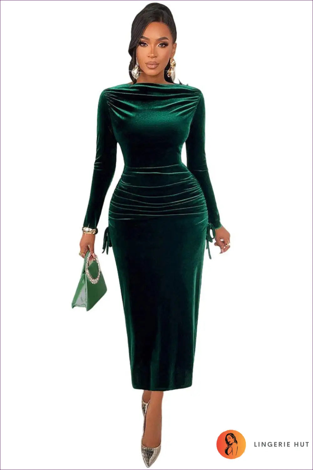 Velvet Maxi Dress with Side Ruching - Understated Glamour - s / Blackish Green - Dresses - Bodycon • Clothing • Date