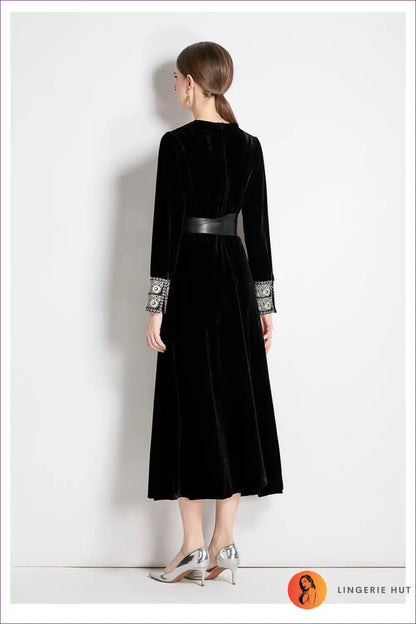 Velvet Midi Dress with Belt - Evening Elegance for a Line, Date Night, Dresses, Evening Wear, Formal Wear