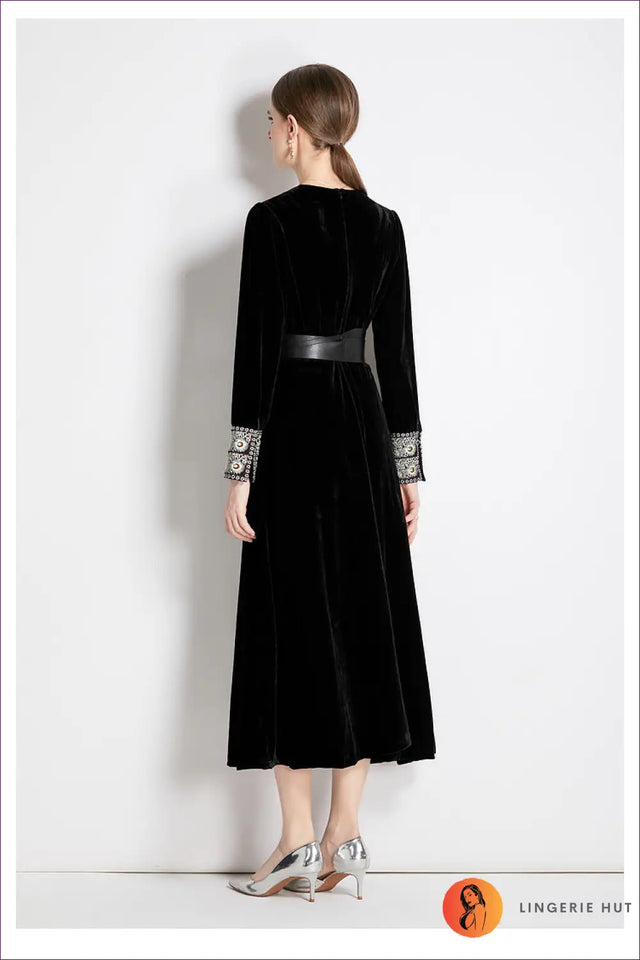 Velvet Midi Dress with Belt - Evening Elegance