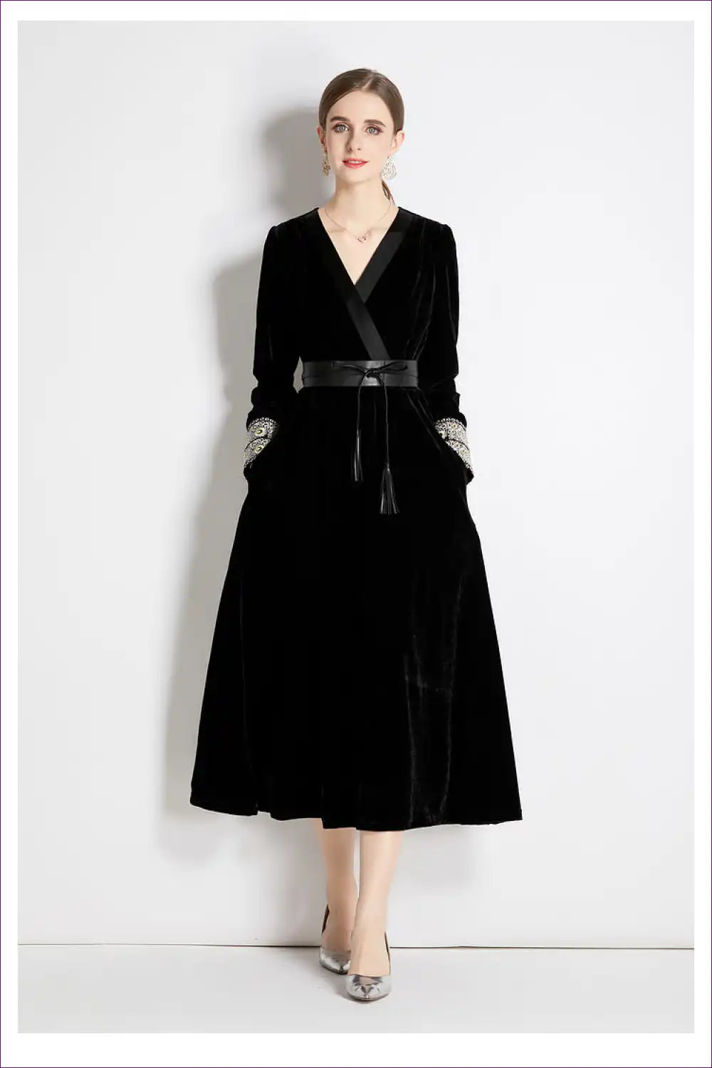 Velvet Midi Dress with Belt - Evening Elegance for a Line, Date Night, Dresses, Evening Wear, Formal Wear