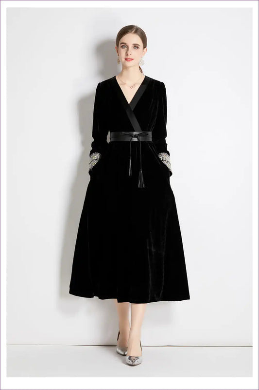 Velvet Midi Dress with Belt - Evening Elegance for a Line, Date Night, Dresses, Evening Wear, Formal Wear