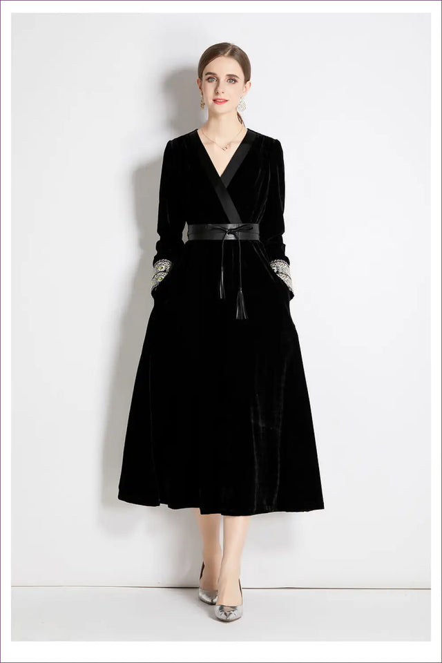 Velvet Midi Dress with Belt - Evening Elegance