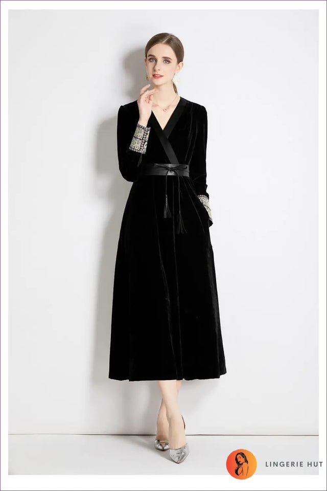 Velvet Midi Dress with Belt - Evening Elegance