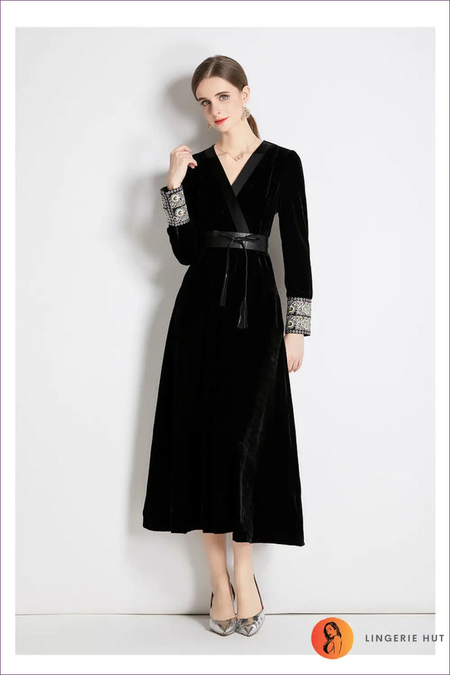 Velvet Midi Dress with Belt - Evening Elegance