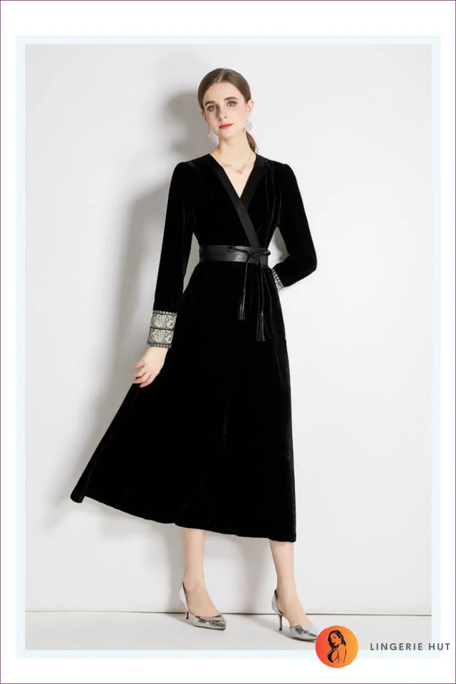 Velvet Midi Dress with Belt - Evening Elegance