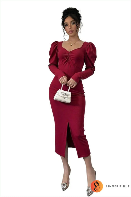 Velvet Midi Dress with Ruched Waist - Quiet Confidence - s / Burgundy - Dresses - Lingerie Hut - Autumn • Cutout