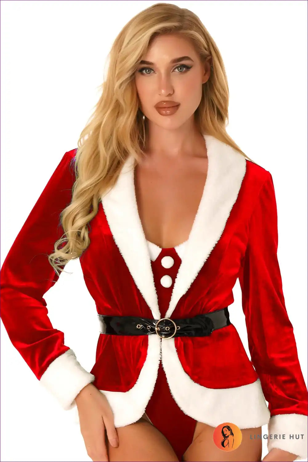 Step Into The Role Of Festive Royalty With Lingerie Hut’s Velvet Mrs. Claus Jacket Dress. This v Neck Santa