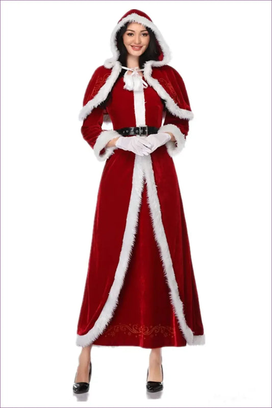 Step Into The Holiday Season With Lingerie Hut’s Red Velvet Santa Claus Costume. This Hooded Shawl Piece