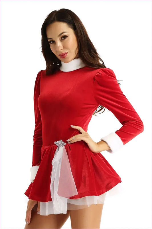 Wrap Yourself In The Luxury Of Lingerie Hut’s Velvet Santa Costume Dress. Long Sleeves And Sumptuous Velvet