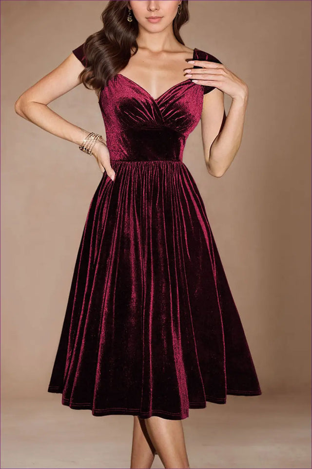 Velvet Off-Shoulder Midi Dress with Full Skirt - Formal Evenings