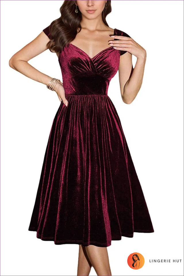 Velvet Off-Shoulder Midi Dress with Full Skirt - Formal Evenings
