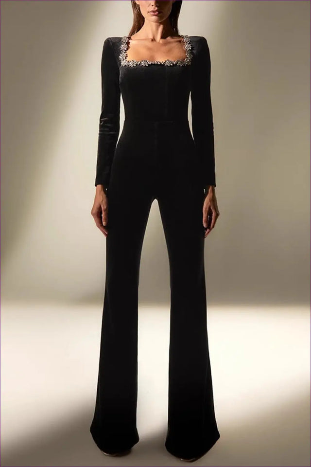Velvet Flared Jumpsuit with Rhinestone Trim - Statement Evenings