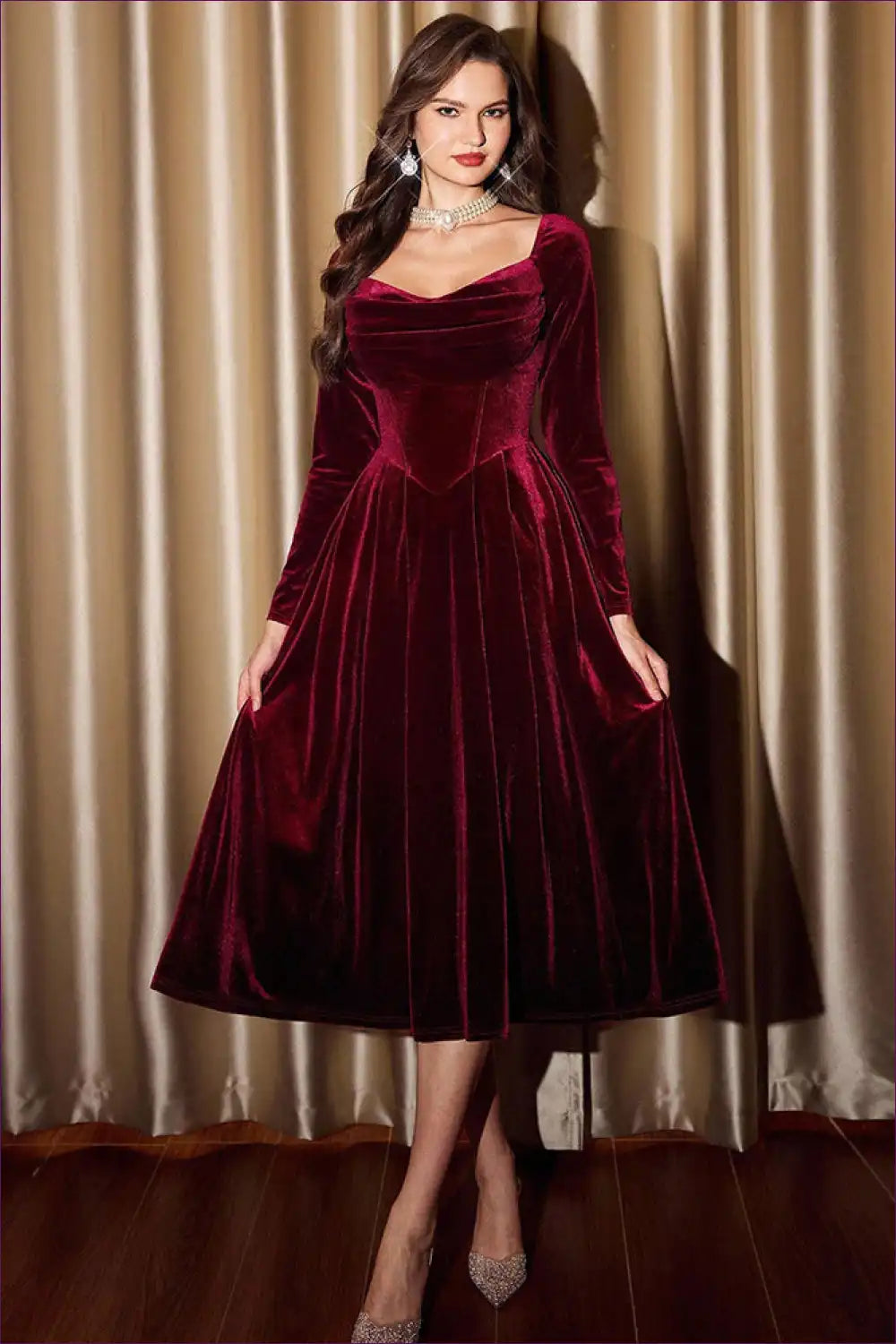 Velvet Square Neck A-line Dress for Autumn Days - Retro Romance
