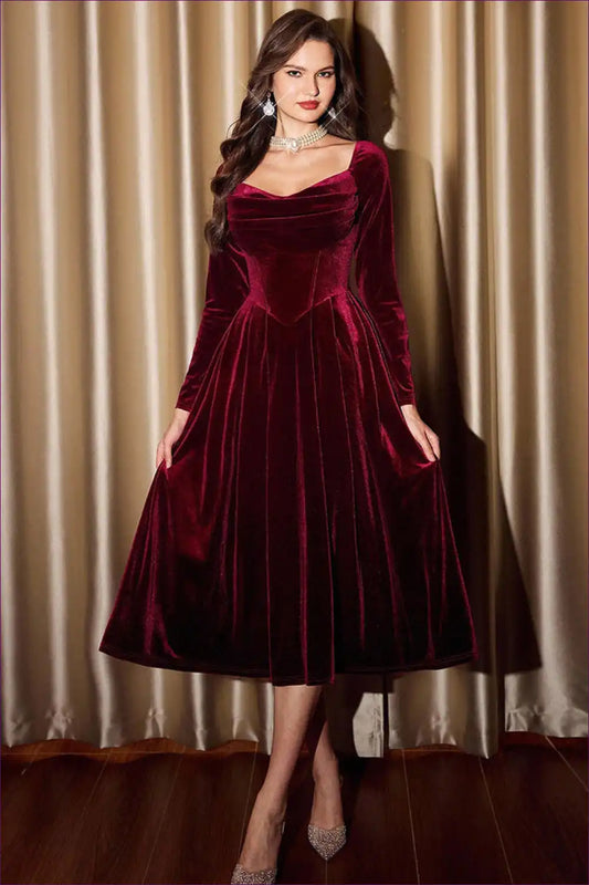 Velvet Square Neck A-line Dress for Autumn Days - Retro Romance