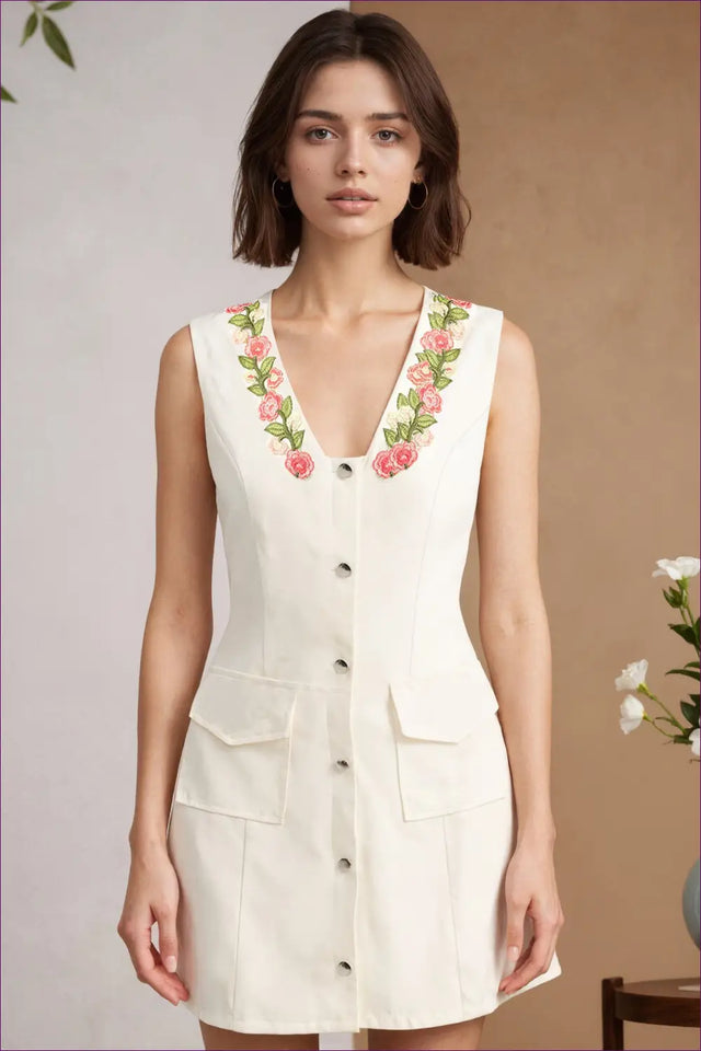 Vest Dress with Embroidered Neckline and Pockets - Refined Socialite Ease