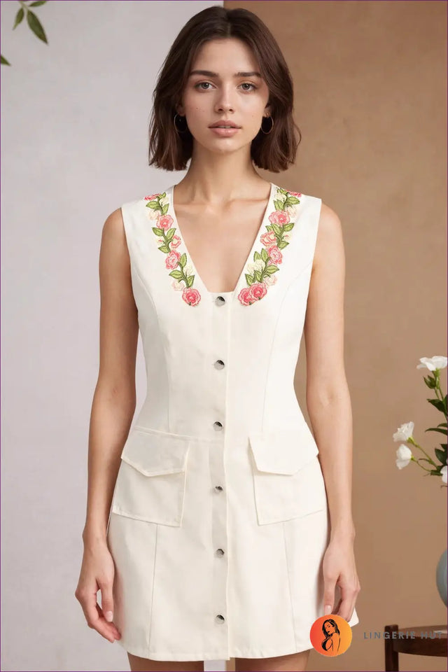 Vest Dress with Embroidered Neckline and Pockets - Refined Socialite Ease