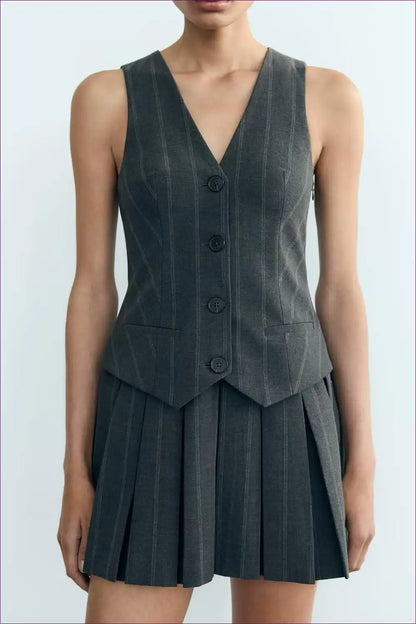 Vest with Pleated Skirt - Academic Chic for A-line, All Season, Casual, co Ord, Everyday