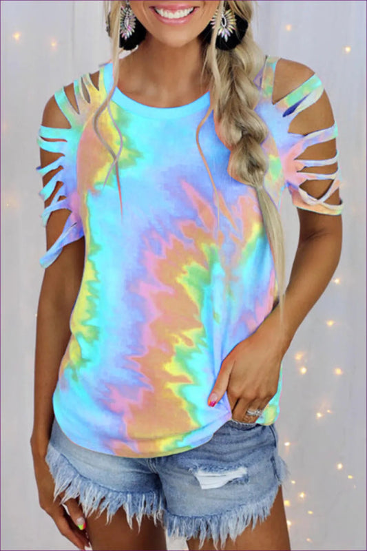 Stay Stylish And Comfortable In Our Sexy Tie Dye Off-shoulder T-shirt. Embrace The Latest Trend While Exuding