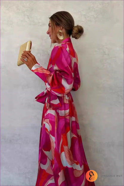 Vibrant Fuchsia Floral Wrap Dress - Bold Elegance for Boho, Date Night, Dress, Glamour, Maxi