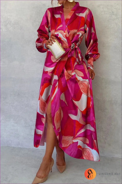 Vibrant Fuchsia Floral Wrap Dress - Bold Elegance for Boho, Date Night, Dress, Glamour, Maxi