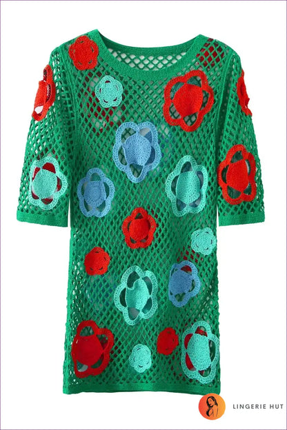 Embrace Your Seductive Side With Our Vibrant Mesh Crochet Color Short Bodycon Dress. Designed To Make