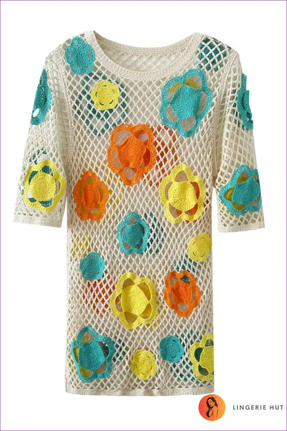 Embrace Your Seductive Side With Our Vibrant Mesh Crochet Color Short Bodycon Dress. Designed To Make