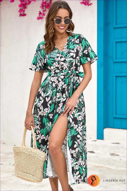 Elevate Your Summer Style With Our Vibrant Print Split Midi Dress. Perfect For Both Freedom And Fashion, This