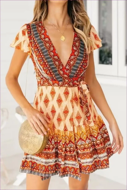 Get Ready To Turn Heads On Your Vacation With Our Vibrant A-line Dress - Boho-inspired, Ruffle Details