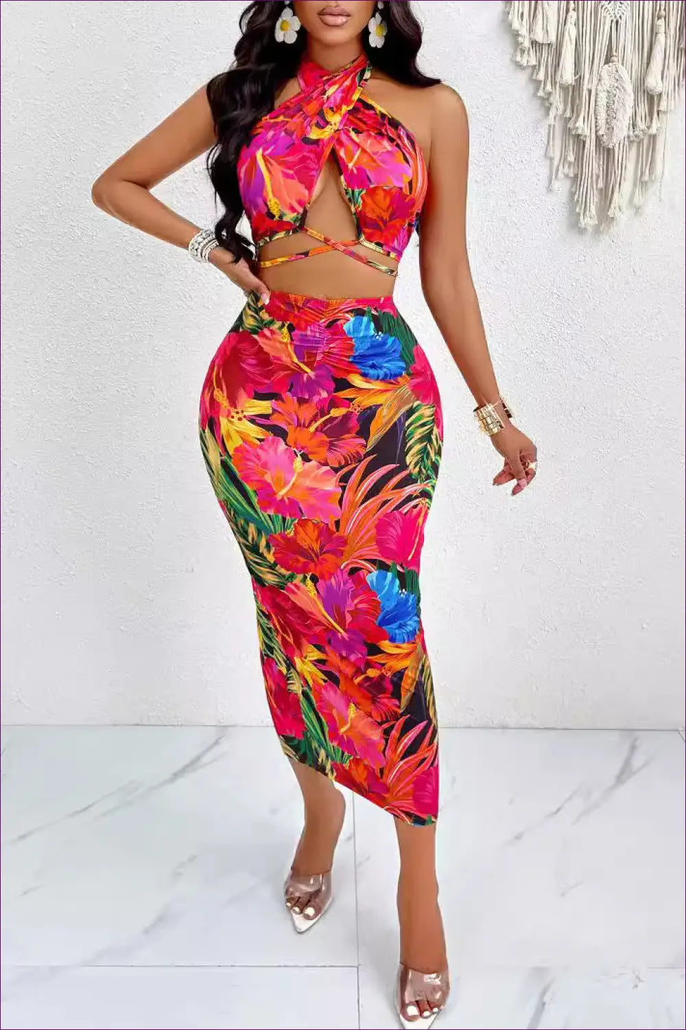 Vibrant Tropical Print Halter Co-ord Set - Island Vibes For Beachwear, Casual, Co Ord, Dress, Glamour