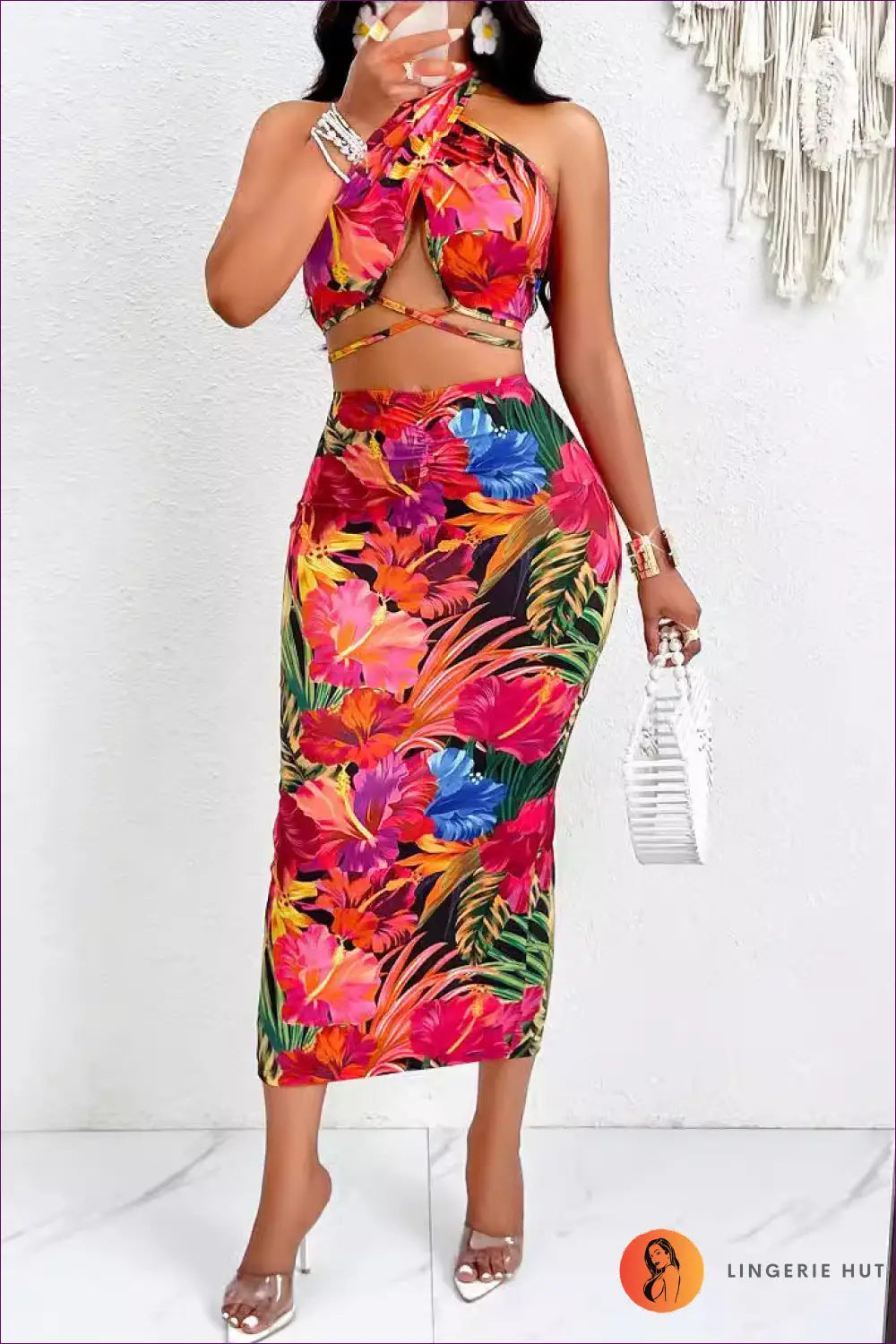 Vibrant Tropical Print Halter Co-ord Set - Island Vibes For Beachwear, Casual, Co Ord, Dress, Glamour