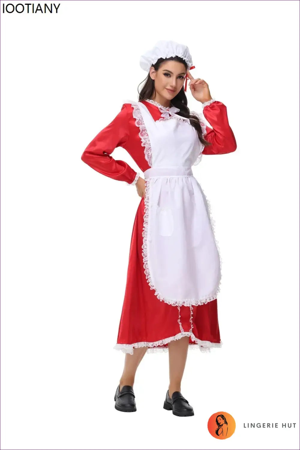 Victorian Maid Costume Set - Long Satin Dress Apron Mob Cap - Halloween • just in • Party - Lingerie Hut