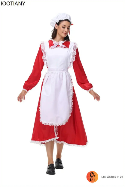 Victorian Maid Costume Set - Long Satin Dress Apron Mob Cap - Halloween • just in • Party - Lingerie Hut