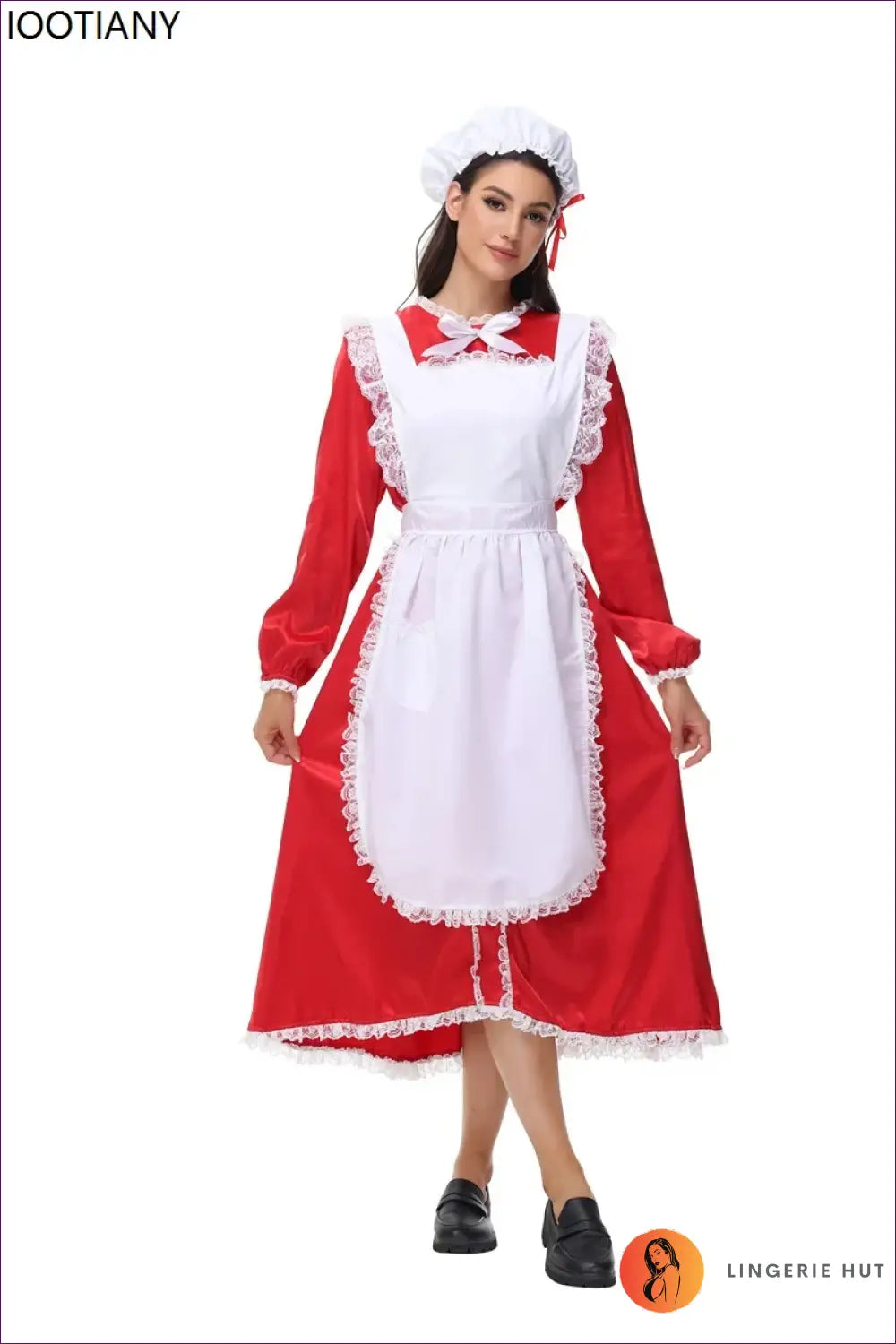 Victorian Maid Costume Set - Long Satin Dress Apron Mob Cap - Halloween • just in • Party - Lingerie Hut