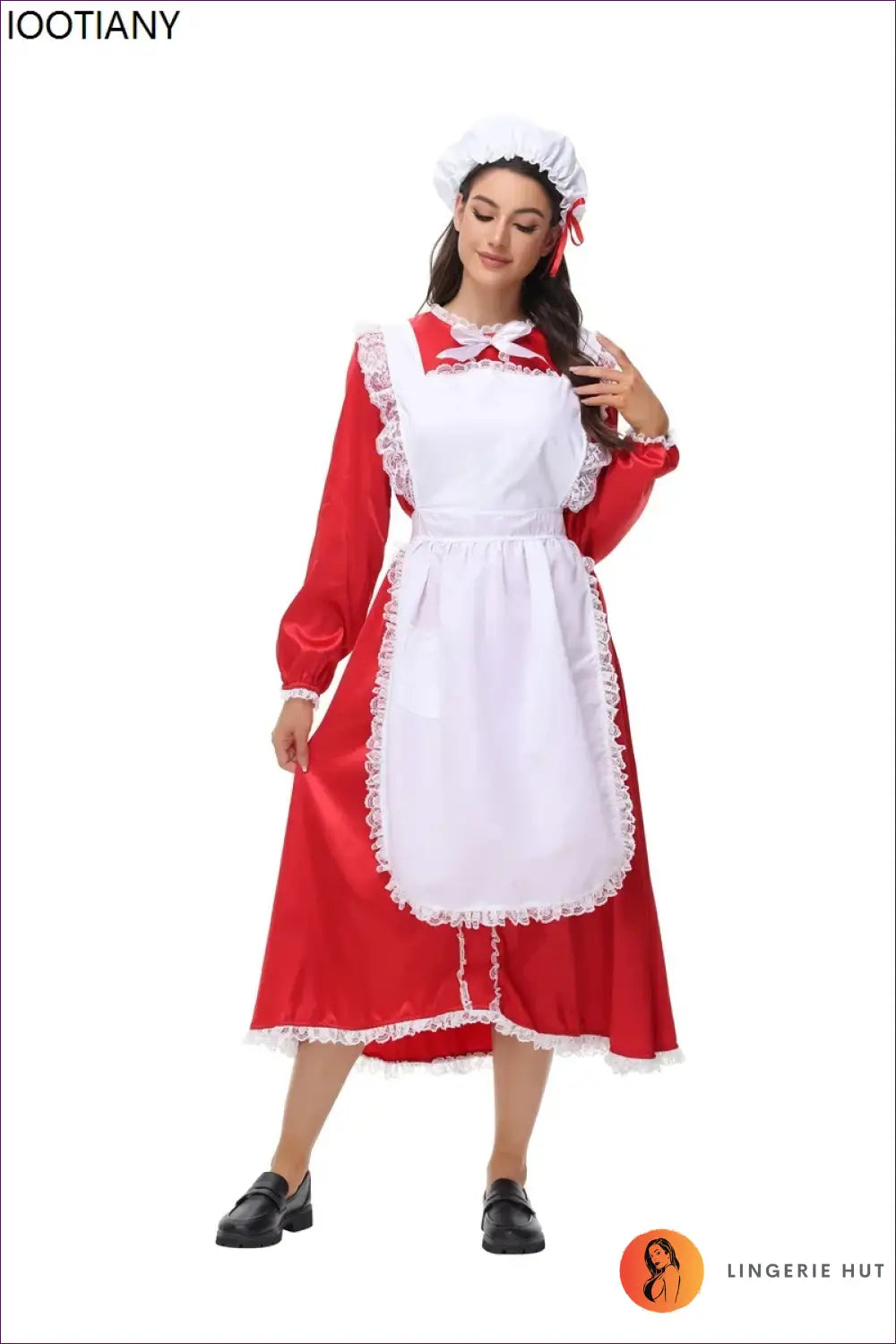 Victorian Maid Costume Set - Long Satin Dress Apron Mob Cap - Red / s / China Mainland - Halloween • just in • Party